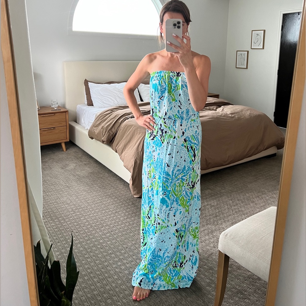 Lilly Pulitzer blue strapless maxi dress, cover-up, cotton, size XS